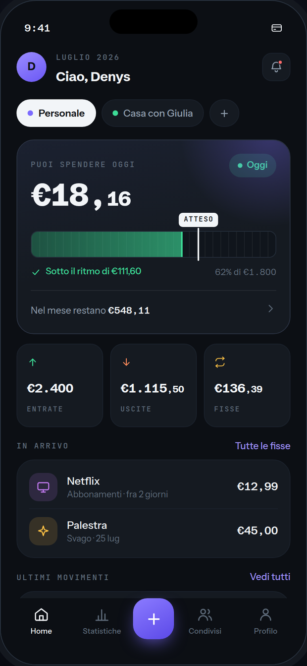 La schermata iniziale di MoneyToSave: quanto puoi spendere oggi, entrate e uscite del mese, prossime spese fisse